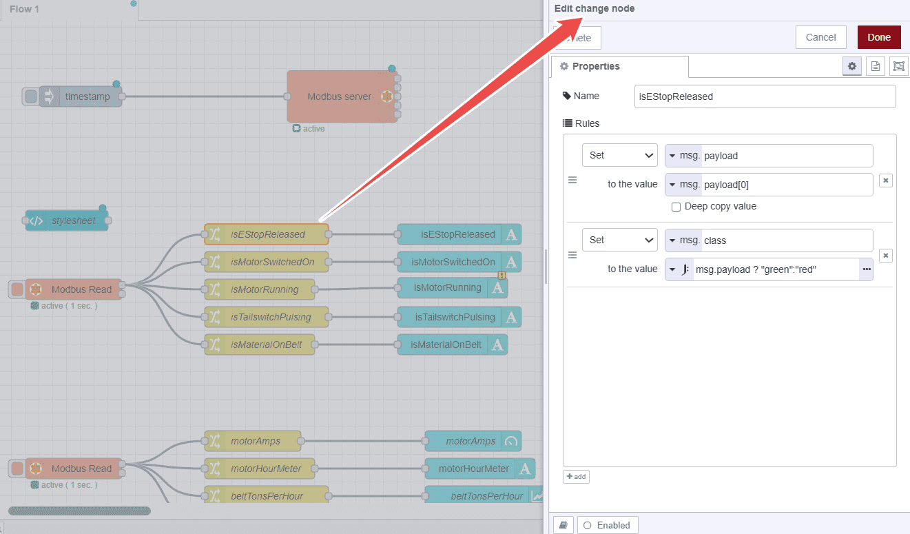Image showing change node config for retrieving and setting data from an array read from Modbus.